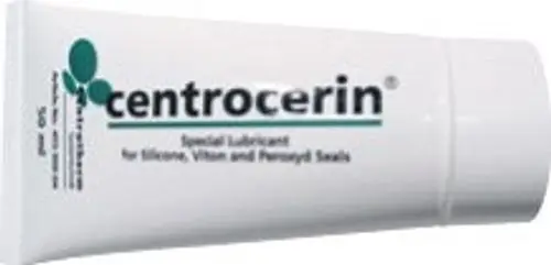 Weiße Tube mit dem Aufdruck "centrocerin" und Informationen zur Verwendung als Gleitmittel, speziell für Silikon, Viton und Perfluorkautschuk, hergestellt von Bosch.
